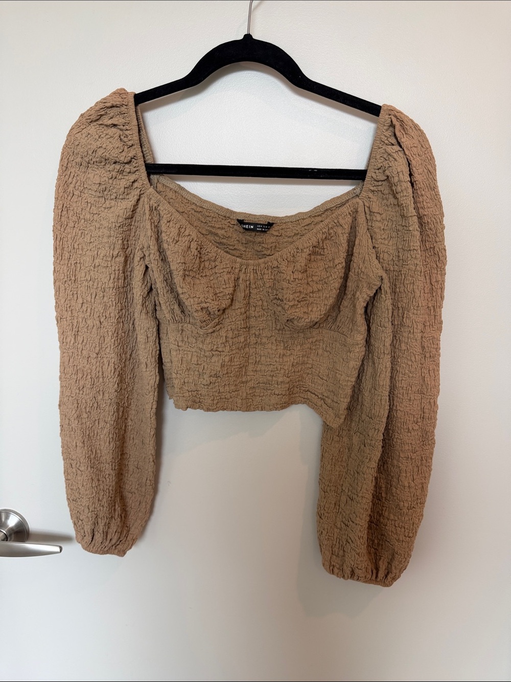 SHEIN Textured Bodice Long Sleeve Crop Top in Tan - Size M